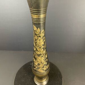 Vintage Hand Etched Dark Brass Vase Made In India